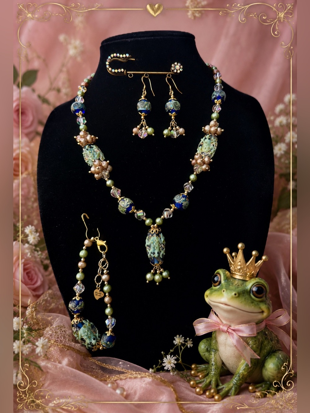 FROG Lampwork Glass, Freshwater Pearls & Crystal Necklace, Earrings & Bracelet